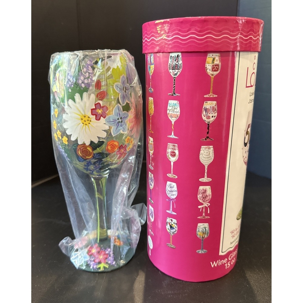 Lolita Wildflowers Handpainted Wine Glass 15 oz Box Boho NEW